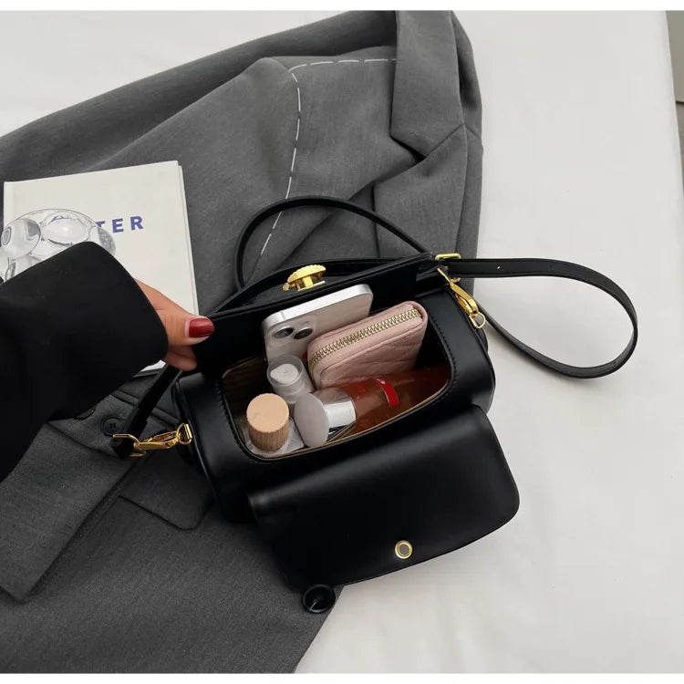 Women's Classic Versatile Retro Square Bag open with contents like a phone and cosmetics visible