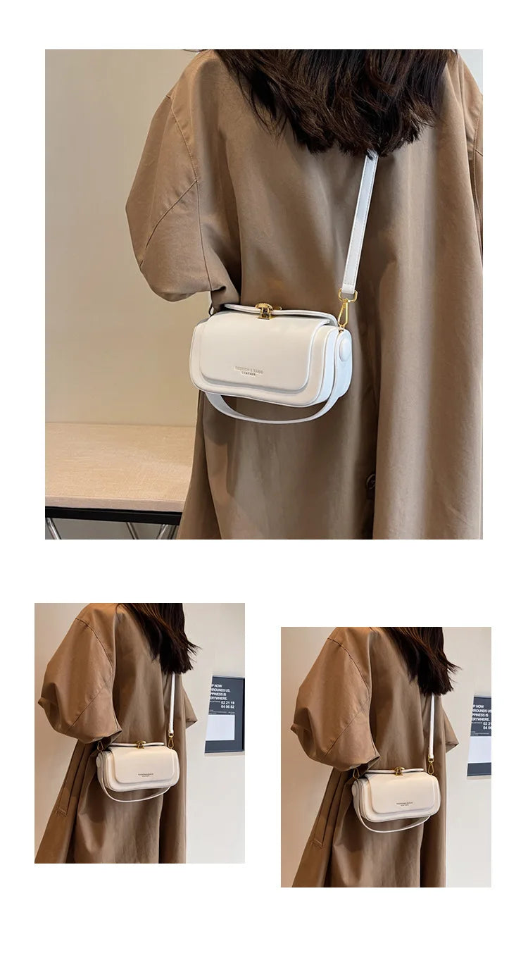 Stylish woman wearing Women's Classic Versatile Retro Square Bag in white with adjustable strap