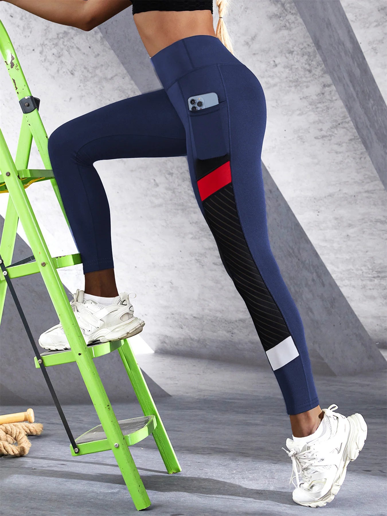 VaultHaus women's colorblocked mesh leggings in navy with pockets, ideal for activewear and workouts