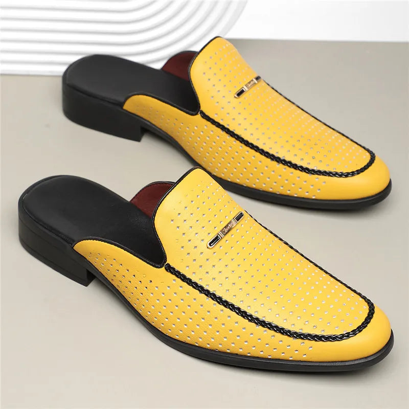 VaultHaus yellow breathable patent leather mules with perforated design and black trim