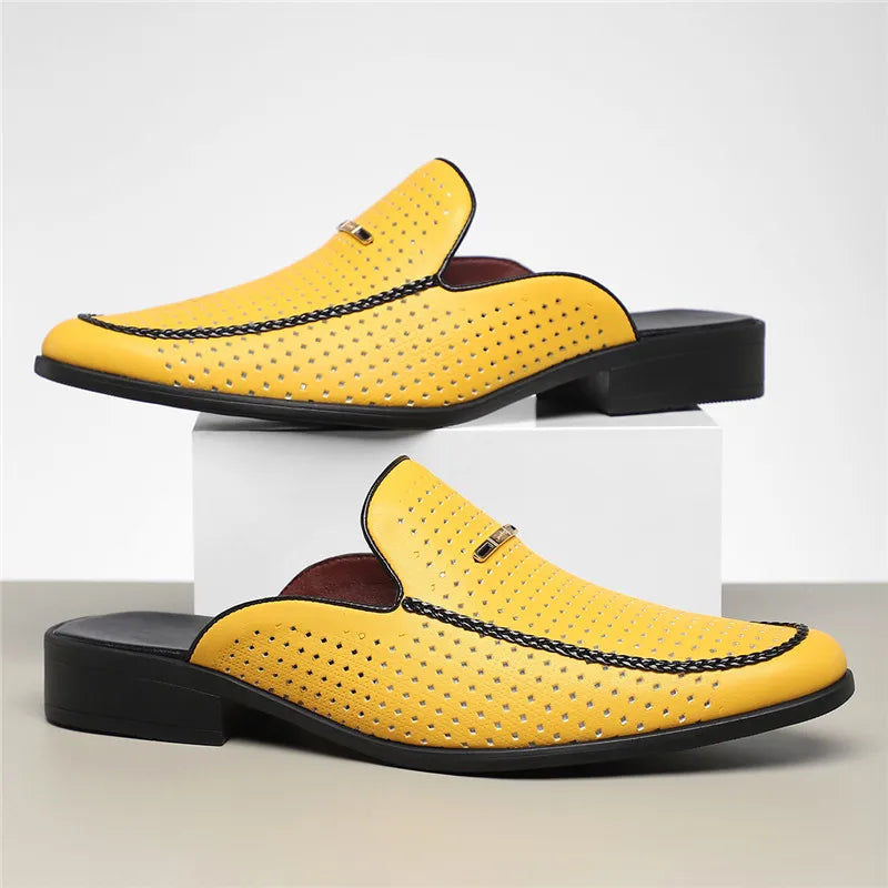 VaultHaus yellow breathable patent leather mules with black sole and perforated design