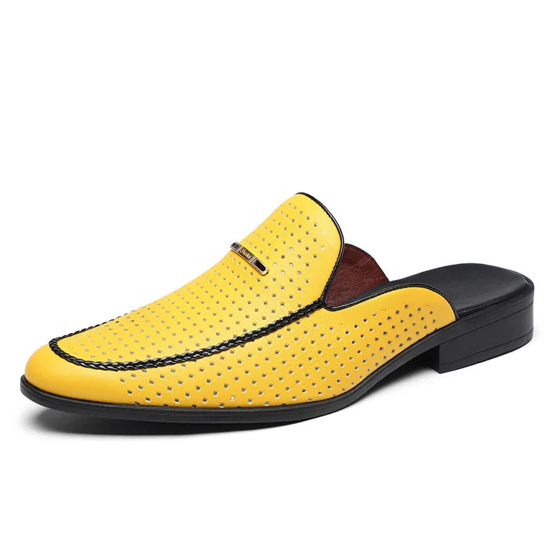 VaultHaus yellow breathable patent leather mules with perforated design and black sole