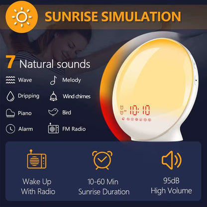 Sunrise Sunset Simulation Wake up Alarm Clock with Colorful Atmosphere Light and FM Radio Function.Relaxed Natural Sound Tunes