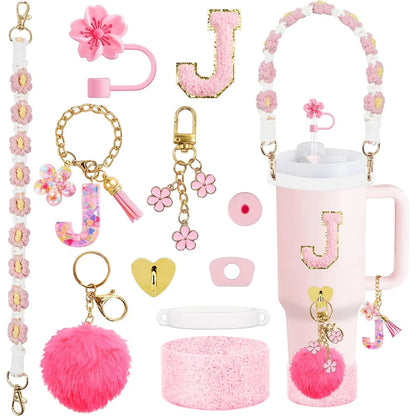 VaultHaus 11 piece Tumbler Cup Accessory Kit in pink with charms tassels keychains and floral handle for customization