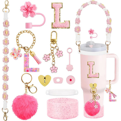 VaultHaus 11 piece Tumbler Cup Accessory Kit with pink floral and gold decorative parts for personalized tumblers