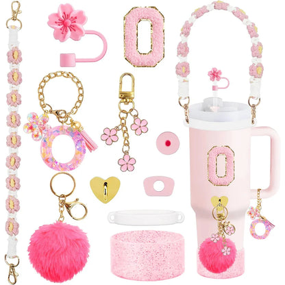 VaultHaus 11 piece Tumbler Cup Accessory Kit with pink floral charms pom pom and decorative handle