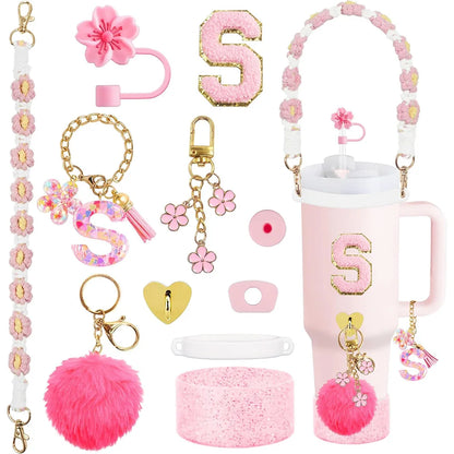VaultHaus 11 piece Tumbler Cup Accessory Kit with pink floral charms pom pom and gold accents