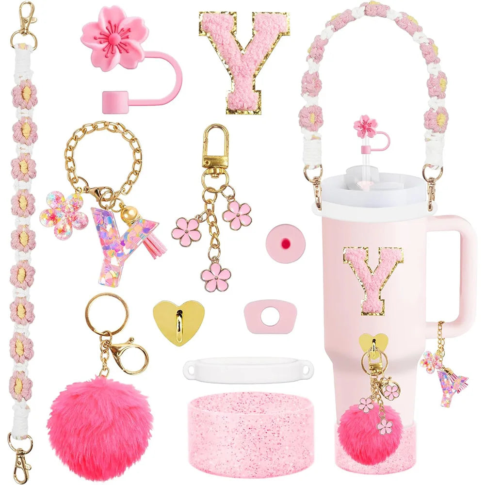 VaultHaus 11 piece Tumbler Cup Accessory Kit with pink floral charms keychains and pom pom