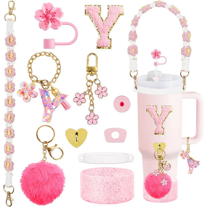 VaultHaus 11 piece Tumbler Cup Accessory Kit with pink floral charms keychains and pom pom