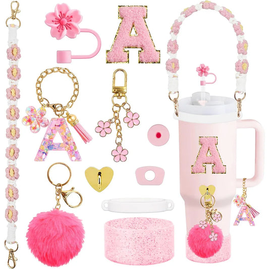VaultHaus 11 piece Tumbler Cup Accessory Kit with pink floral charms, keychains, handle, and glitter letter A