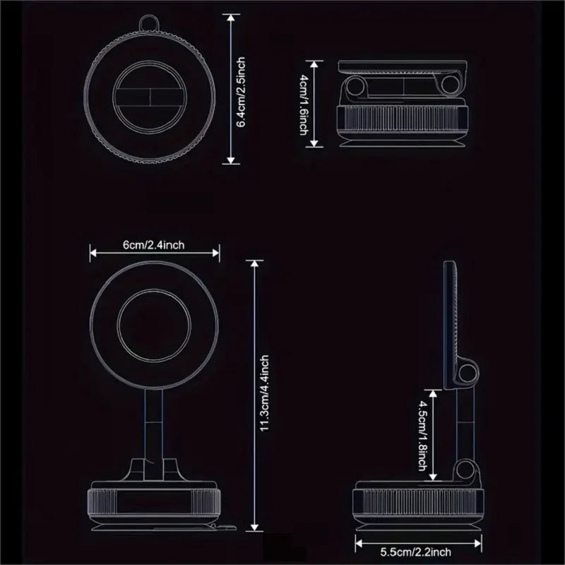 VaultHaus 360 degree magnetic car phone holder technical dimensions and product design schematic