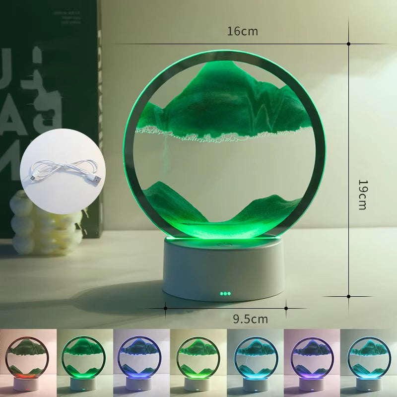 LED Moving Sand Art Table Lamp with 7 Color USB Quicksand Night Light 3D Sandscape Hourglass Bedside Lamps Home Decor Gift