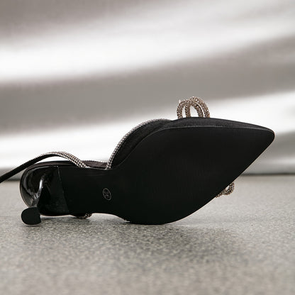 Rhinestone Bow Ankle Strap High Heels - Pointed Toe Pumps