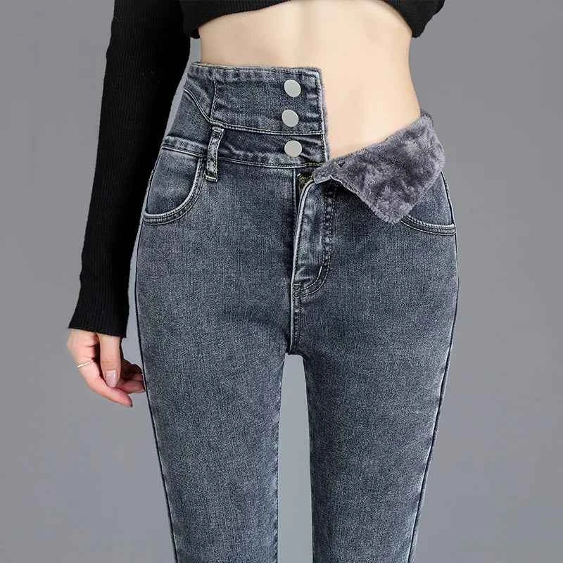 Thermal Fleece Lined Skinny Jeans Women - High Waist