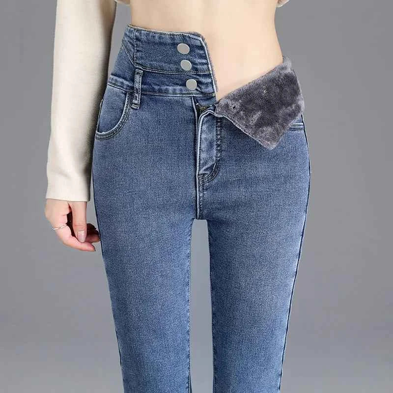 Thermal Fleece Lined Skinny Jeans Women - High Waist