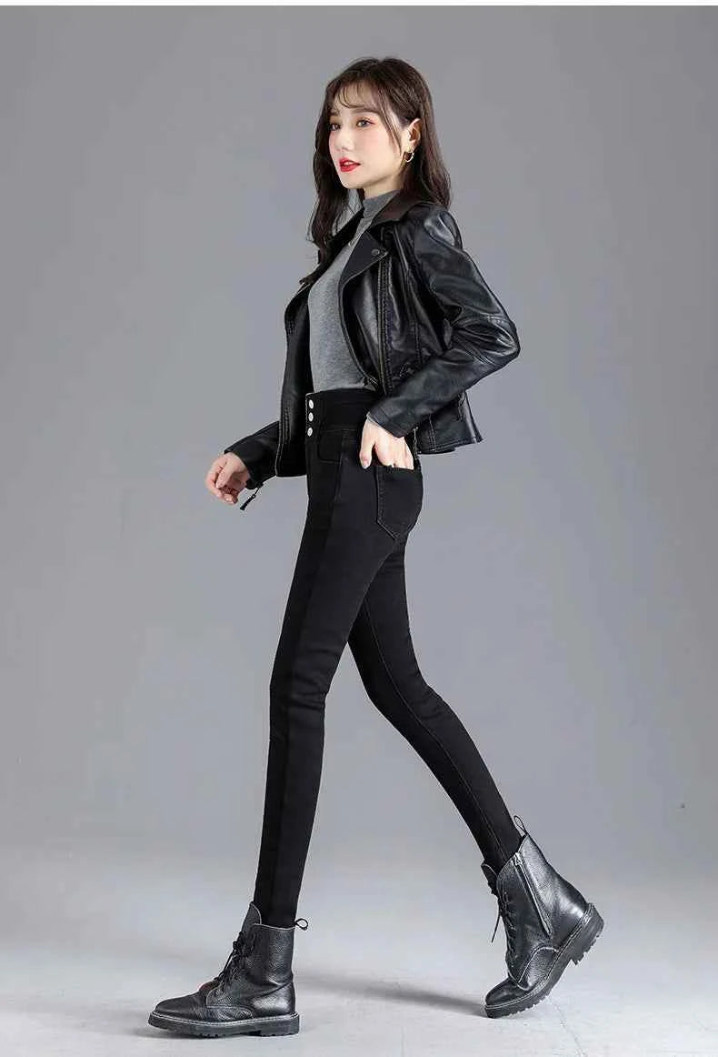 Thermal Fleece Lined Skinny Jeans Women - High Waist