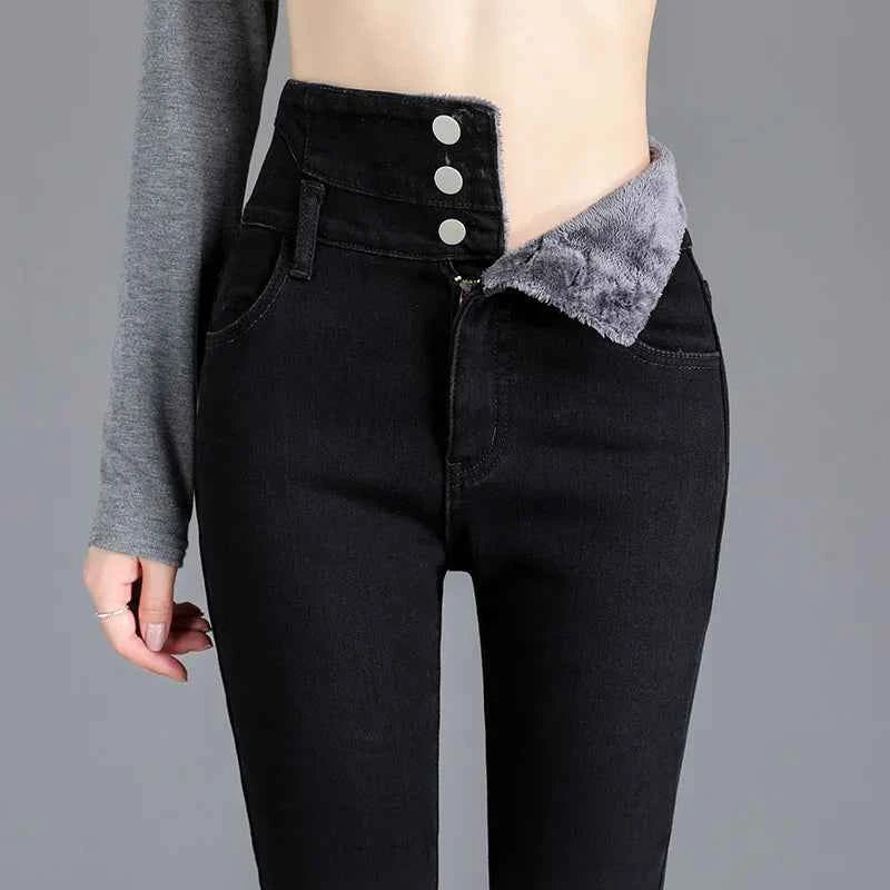 Thermal Fleece Lined Skinny Jeans Women - High Waist