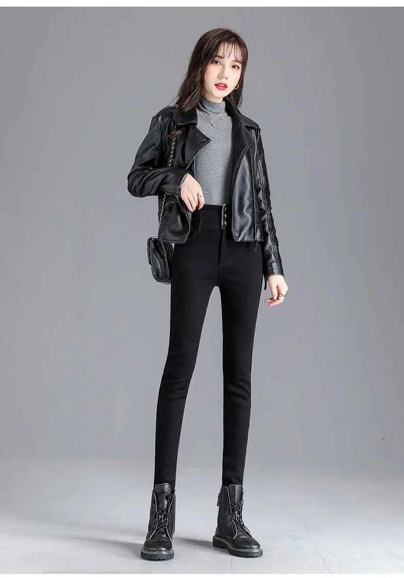 Thermal Fleece Lined Skinny Jeans Women - High Waist