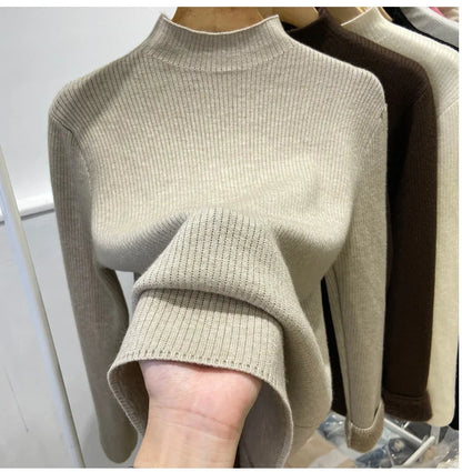 Velvet Lined Turtleneck Sweater - Warm Slim Knit Pullover