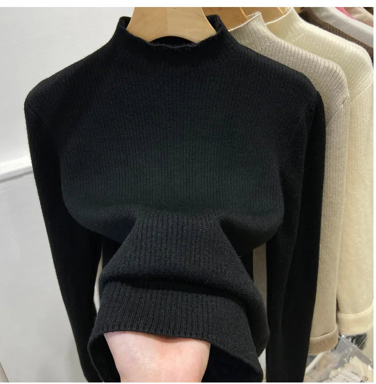 Velvet Lined Turtleneck Sweater - Warm Slim Knit Pullover