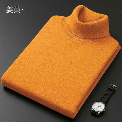 VaultHaus men's cashmere cotton turtleneck jumper in orange folded with a wristwatch