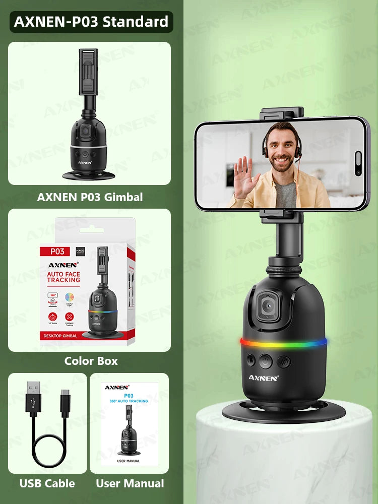 AI Face Tracking Gimbal Mobile Phone Stabilizer, 360 Auto Rotate Selfie Stand for Iphone 15 Pro Max Android, Optional Tripod