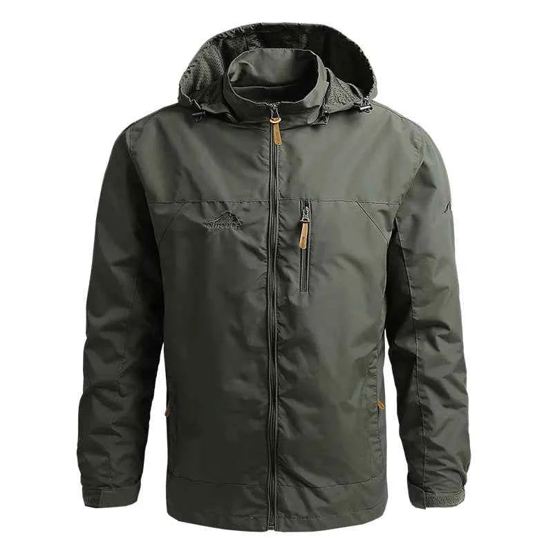 VaultHaus outdoor windbreaker coat for men in olive green with adjustable hood and zipped pockets