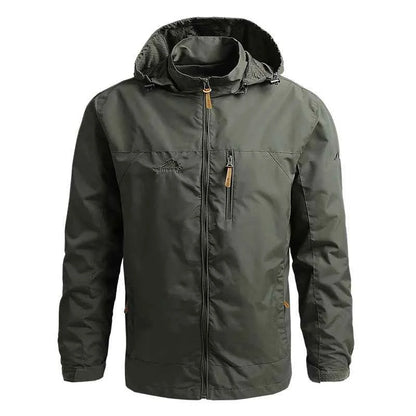 VaultHaus outdoor windbreaker coat for men in olive green with adjustable hood and zipped pockets