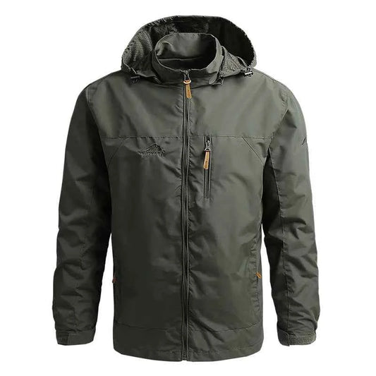 VaultHaus outdoor windbreaker coat for men in olive green with adjustable hood and zipped pockets