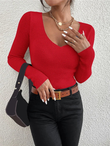 Femme Casual Jersey Rib Knit V-Neck Top - VaultHaus