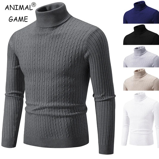 New Men's High Neck Sweater Solid Colour Pullover Knitted Warm Casual Turtleneck Sweatwear Woolen Mens Winter Outdoor Tops