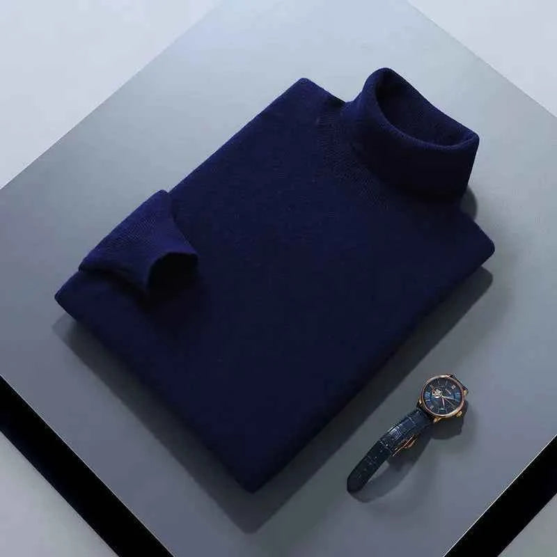 VaultHaus men's cashmere cotton turtleneck jumper in navy folded neatly with a watch