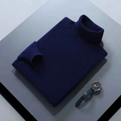 VaultHaus men's cashmere cotton turtleneck jumper in navy folded neatly with a watch