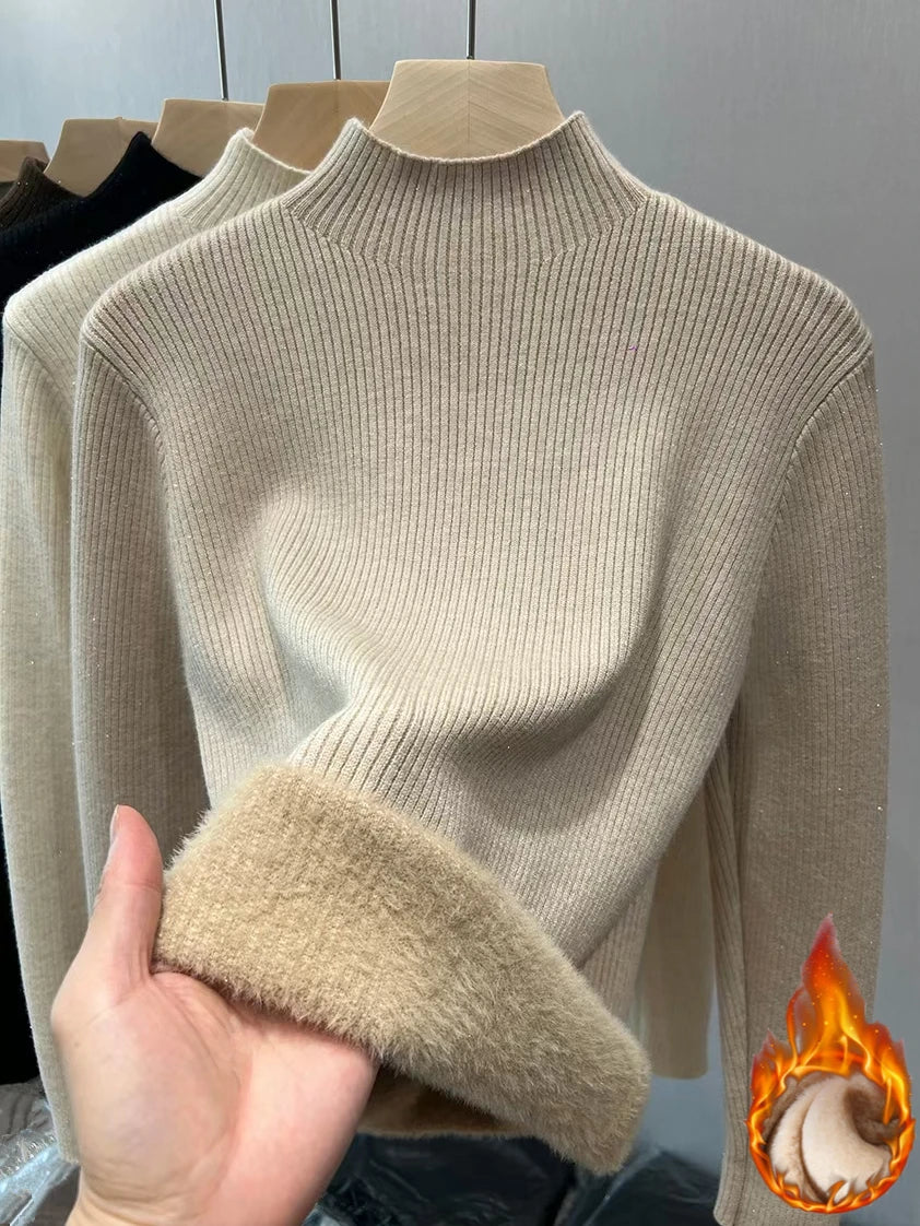 Velvet Lined Turtleneck Sweater - Warm Slim Knit Pullover