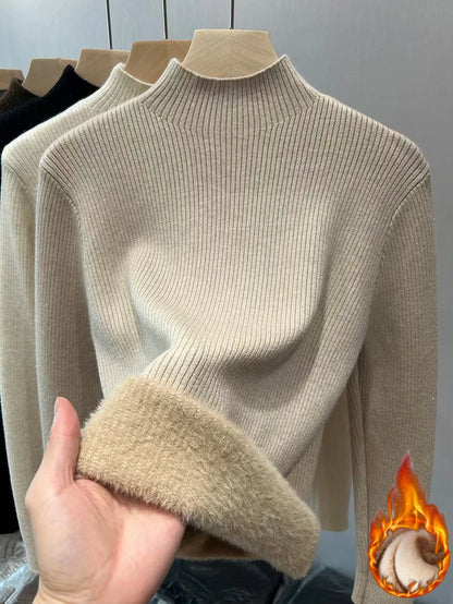 Velvet Lined Turtleneck Sweater - Warm Slim Knit Pullover