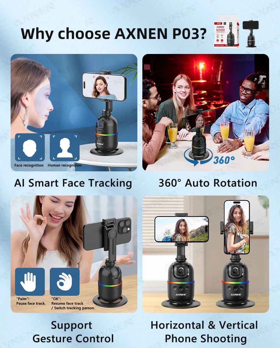 AI Face Tracking Gimbal Mobile Phone Stabilizer, 360 Auto Rotate Selfie Stand for Iphone 15 Pro Max Android, Optional Tripod