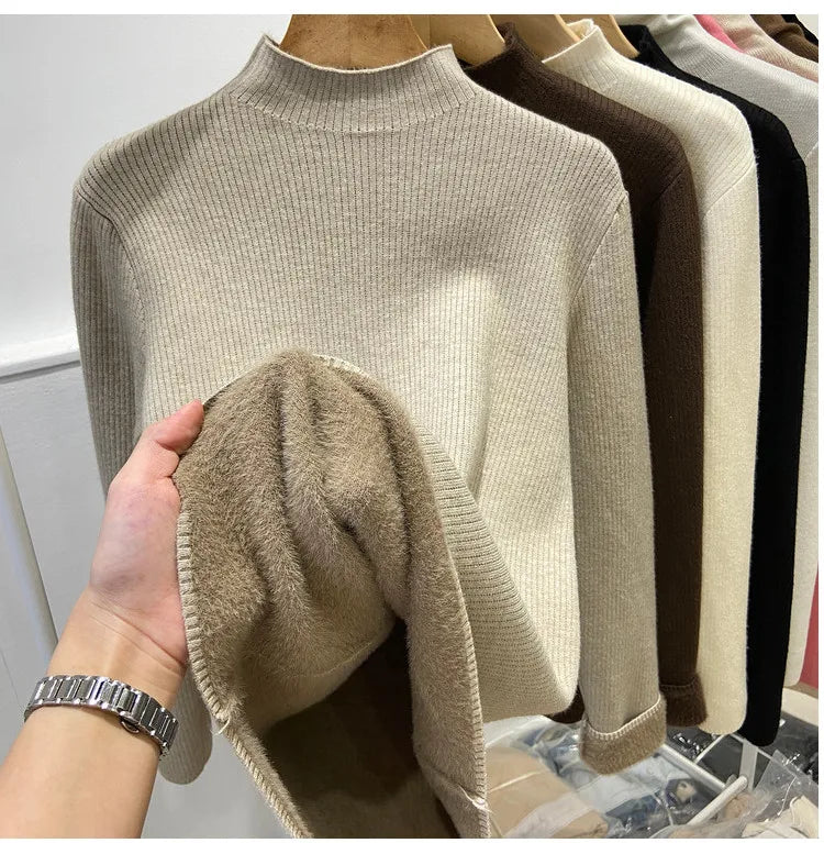 Velvet Lined Turtleneck Sweater - Warm Slim Knit Pullover
