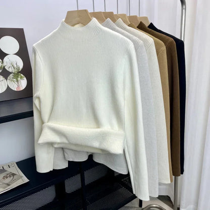 Velvet Lined Turtleneck Sweater - Warm Slim Knit Pullover