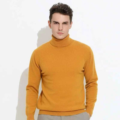 VaultHaus men's cashmere cotton turtleneck jumper in mustard yellow for a stylish winter look