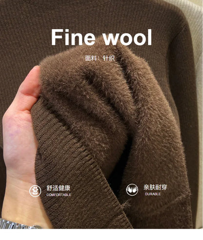 Velvet Lined Turtleneck Sweater - Warm Slim Knit Pullover