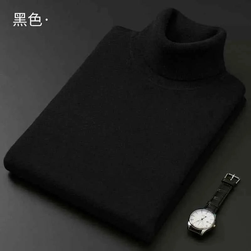 VaultHaus men's cashmere cotton turtleneck jumper in black with a stylish watch beside it