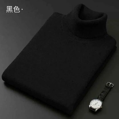 VaultHaus men's cashmere cotton turtleneck jumper in black with a stylish watch beside it