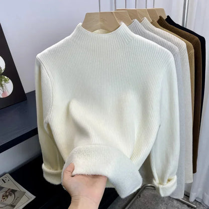 Velvet Lined Turtleneck Sweater - Warm Slim Knit Pullover