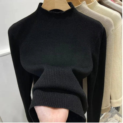 Velvet Lined Turtleneck Sweater - Warm Slim Knit Pullover