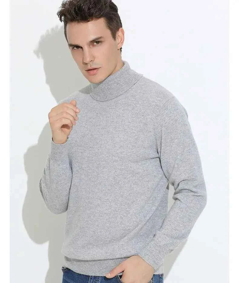 VaultHaus men's cashmere cotton turtleneck jumper in grey, perfect for stylish layering in cooler weather