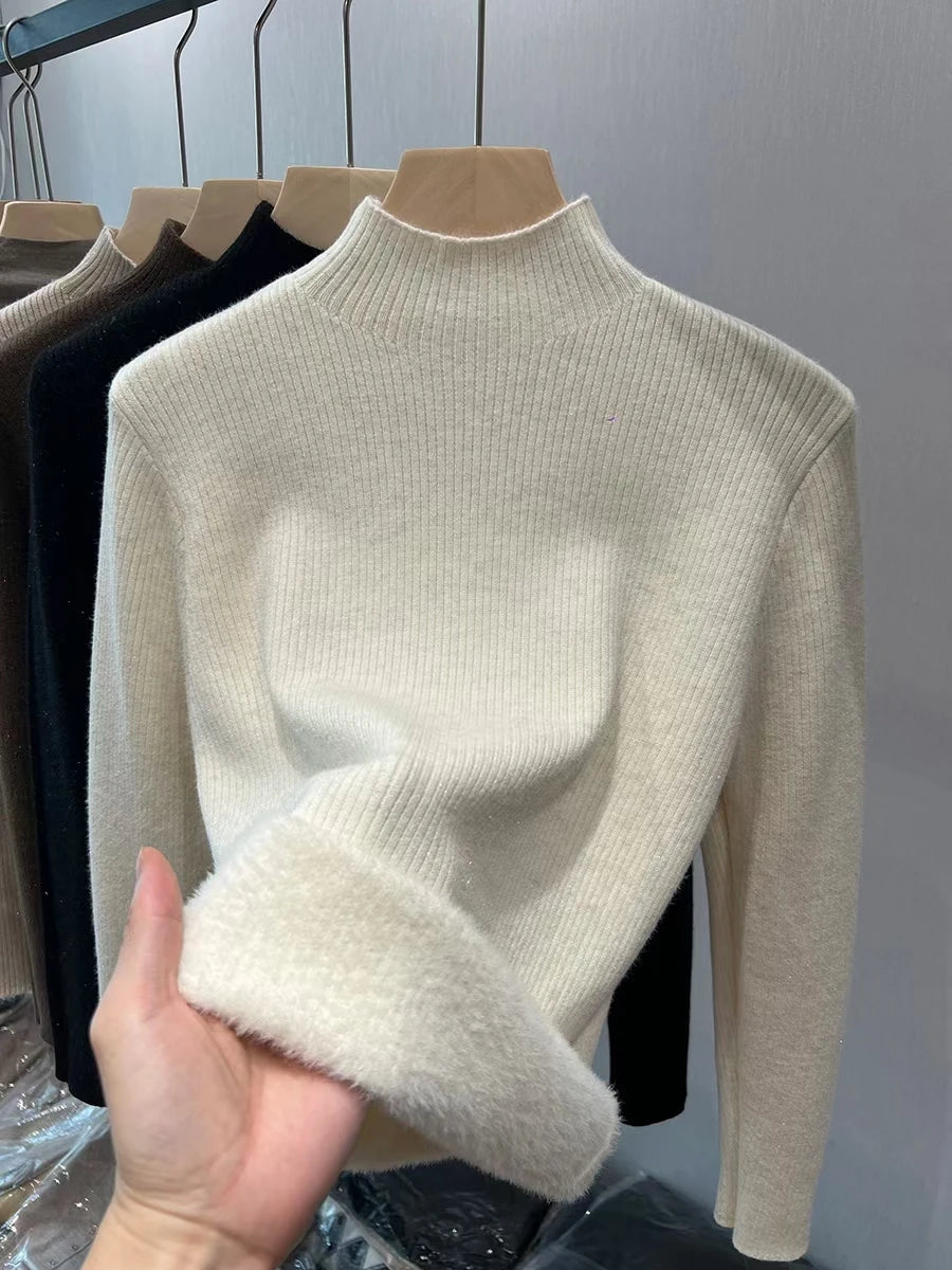 Velvet Lined Turtleneck Sweater - Warm Slim Knit Pullover