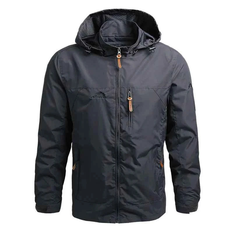 VaultHaus outdoor windbreaker coat for men in dark navy with zippered pockets and adjustable hood