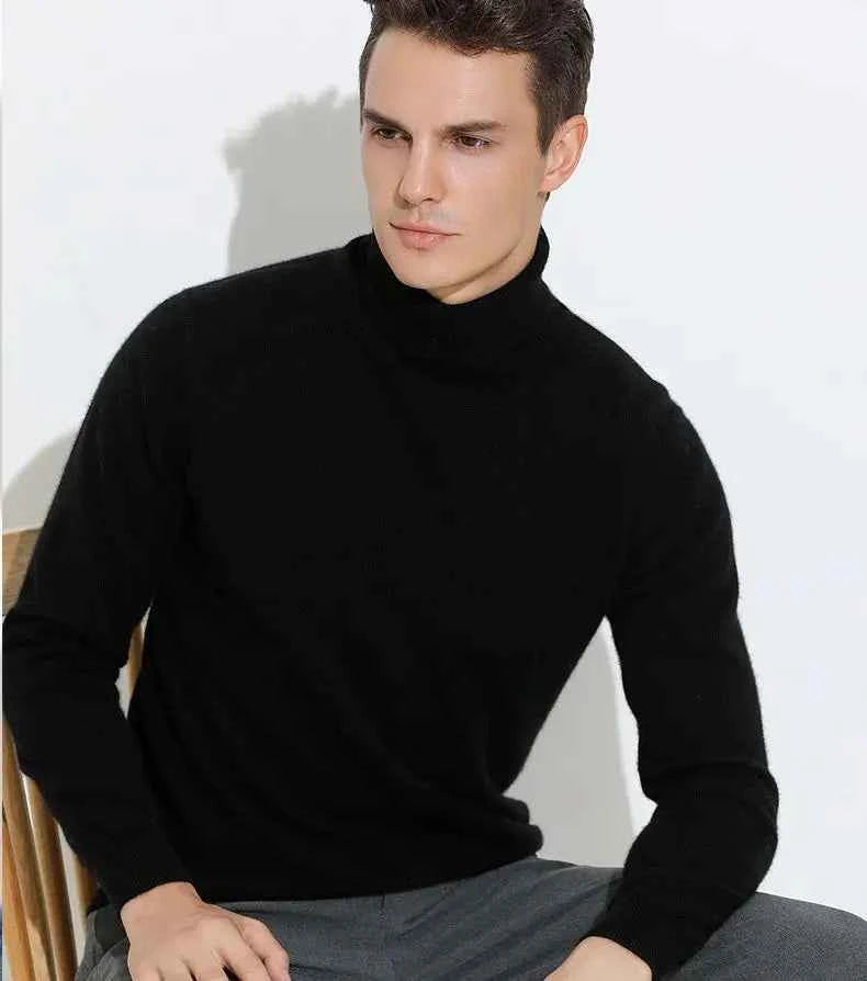 Stylish men's cashmere cotton turtleneck jumper in black, perfect for casual or formal occasions