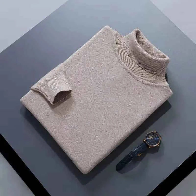 VaultHaus men's cashmere cotton turtleneck jumper in beige laid flat with a stylish watch
