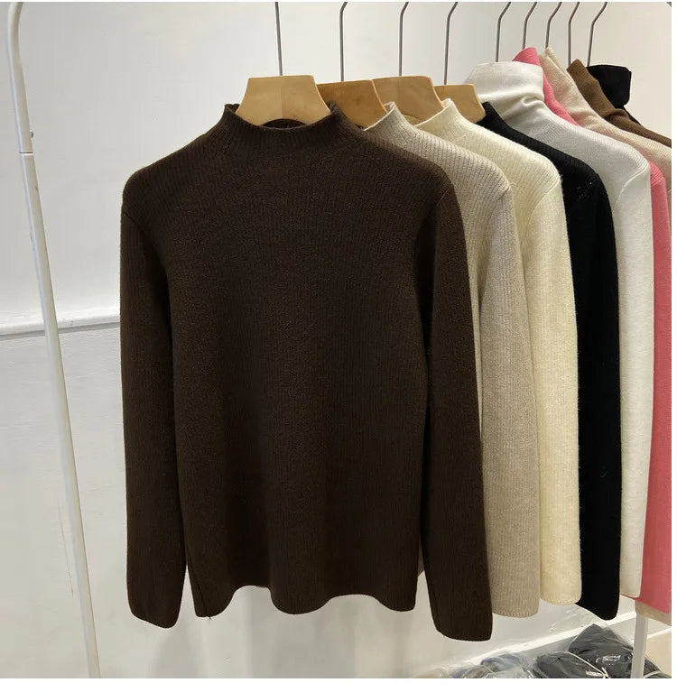 Velvet Lined Turtleneck Sweater - Warm Slim Knit Pullover